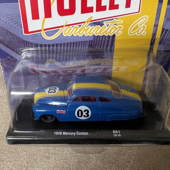 `M2 1:64 1949 Mercury Custom R61 / Blue w/yellow stripe / Holley - Picture 2 of 3